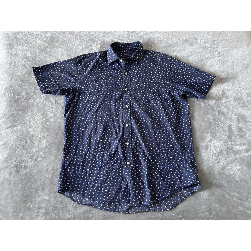Polo Ralph Lauren Seersucker Shirt Mens L Blue All Over Print Button Up Flag RL